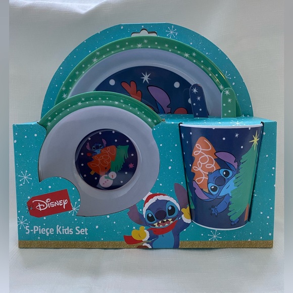 Disney Stitch 5pc Christmas Holiday Kids Melamine Dinnerware Set NEW - Picture 1 of 3